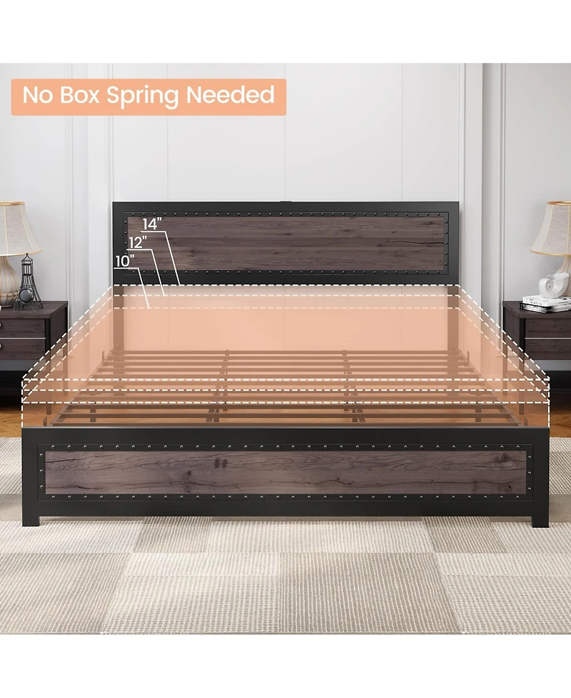 gaomon King Bed Frame with Headboard, Industrial Platform Charging Station