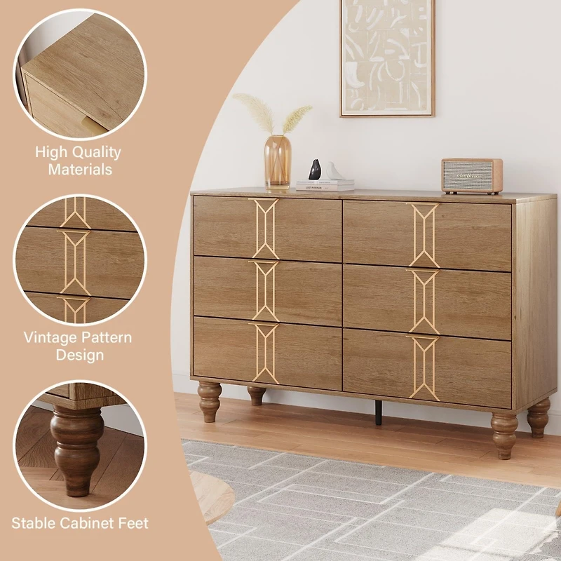 gaomon 6 Drawer Dresser With Deep Drawers For Bedroom, Modern Wooden Chest Dresser With Deep Drawers With Vintage Pattern Design