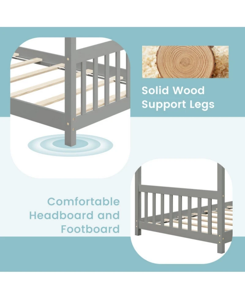 Sugift Twin Size Wooden House Bed with Roof
