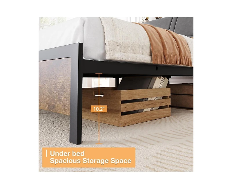 gaomon Queen Size Bed Frame with Ergonomic Headboard and Charging Station, Upholstered Platform Bed, Metal Frame with Storage, No Box Spring Needed, E