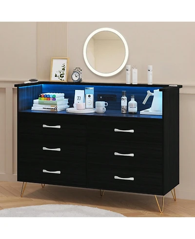Dresser For Bedroom With Led Light & Charging Station, 6 Wooden Drawers Dressers With 2-Tier Open Shelves, Modern Chest Of Double Wide Drawers For Liv
