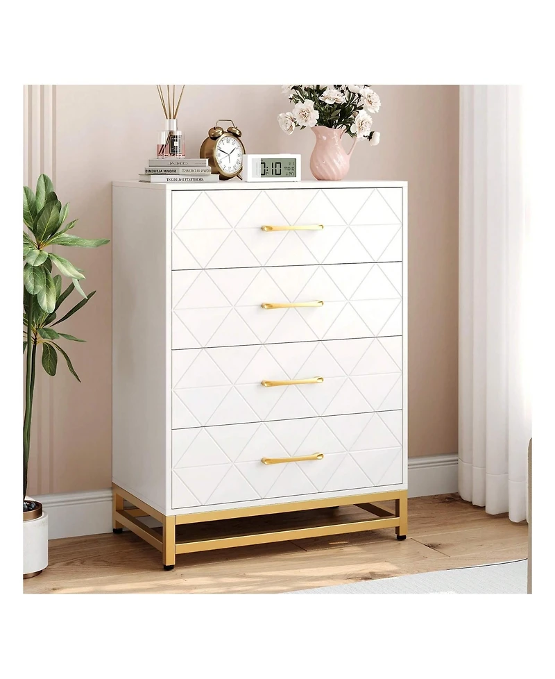 Dresser For Bedroom With 4 Drawers And Metal Handle,Chest Of Drawers, Sturdy Frame Modern Furniture, Wood Dressers