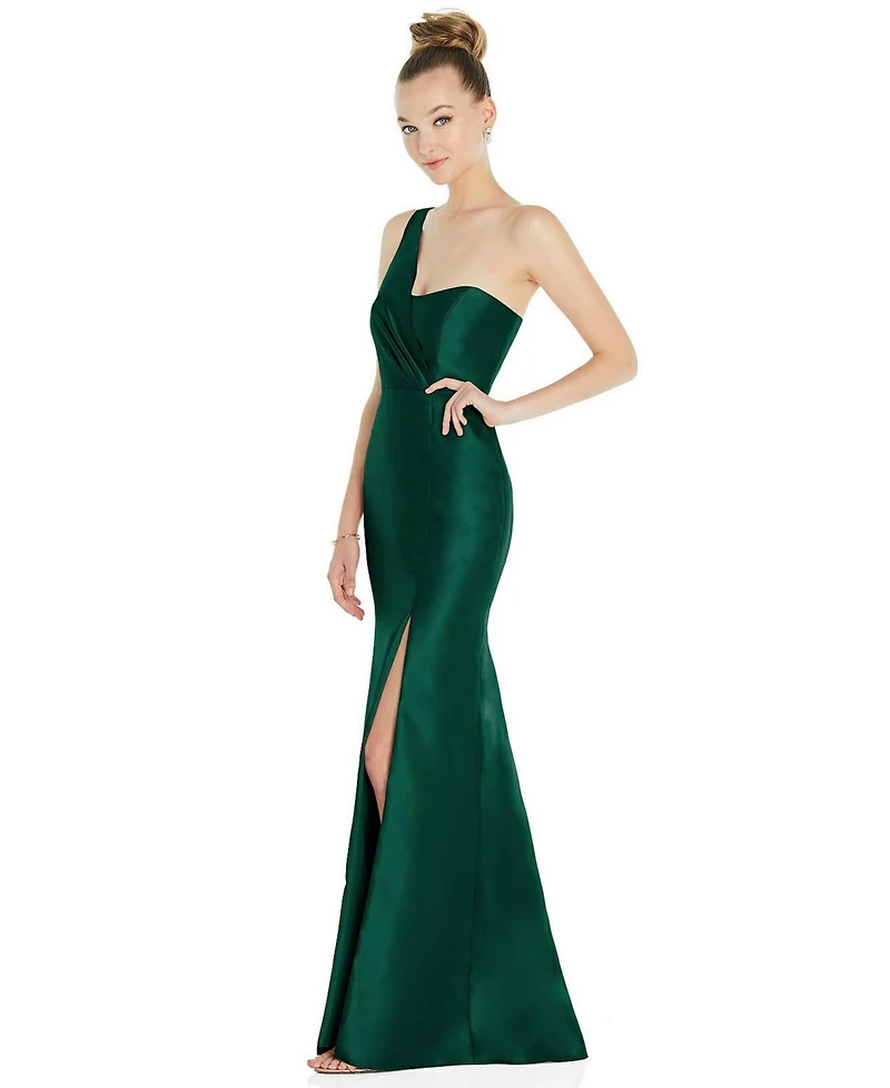 Draped One-Shoulder Satin Trumpet Gown with Front Slit