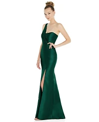 Draped One-Shoulder Satin Trumpet Gown with Front Slit