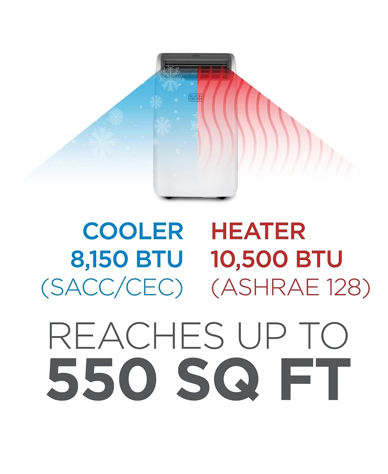 Black+Decker Portable Air Conditioner with Heat, 8,150 Btu Sacc/Cec (12,000 Btu Ashrae 128) for Rooms Up To 550 Sq. Ft.