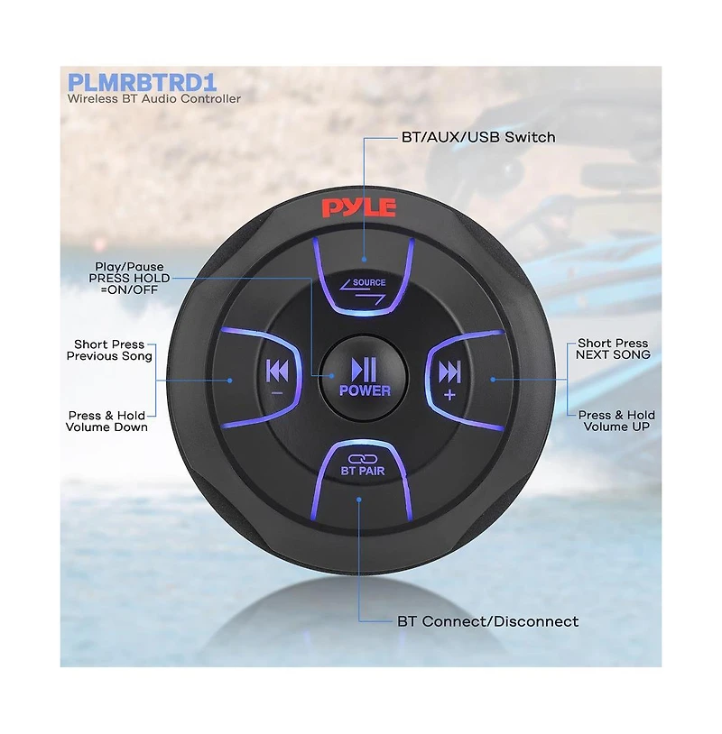 Pyle Wireless Bt Audio Controller, Waterproof Marine Receiver Remote