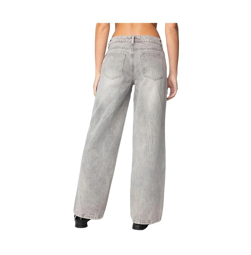 Edikted Womens Magda Low Rise Acid Wash Jeans