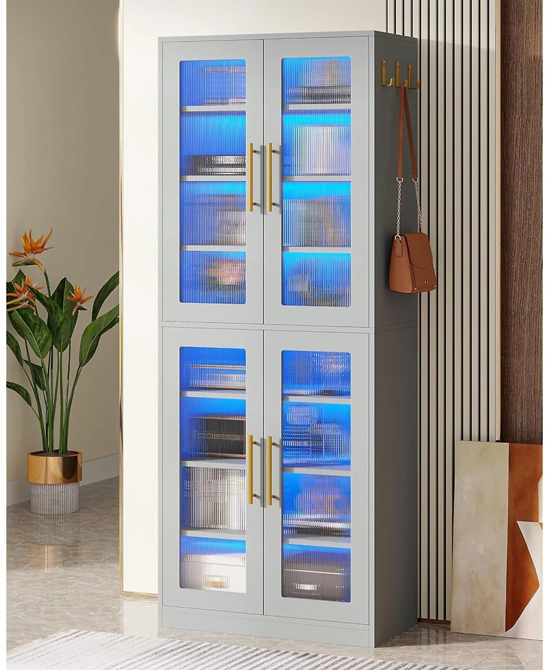 Tribesigns Bookcase with Doors and Led Light, 67-inch Tall Bookshelf 8-Tier Adjustable Shelves Hanging Hooks, Freestanding Storage Cabinet