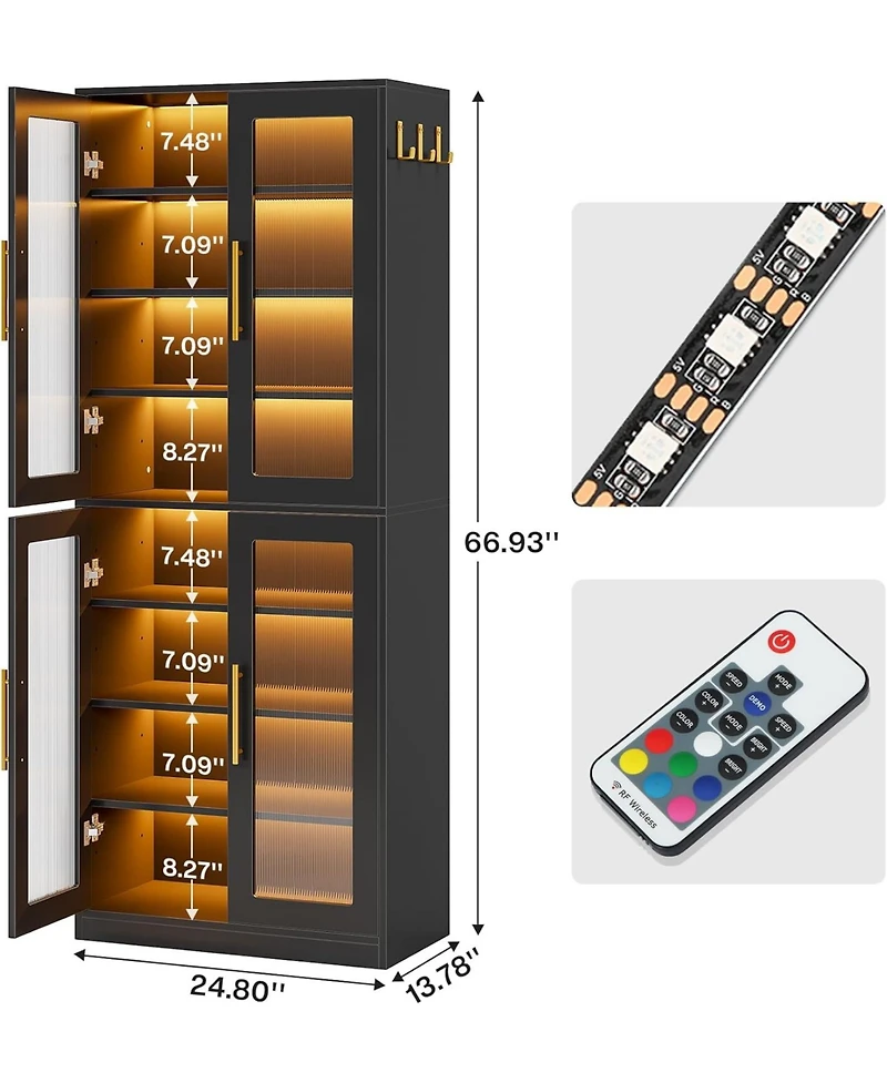 Tribesigns Bookcase with Doors and Led Light, 67-inch Tall Bookshelf 8-Tier Adjustable Shelves Hanging Hooks, Freestanding Storage Cabinet