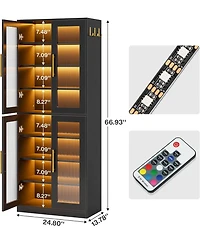 Tribesigns Bookcase with Doors and Led Light, 67-inch Tall Bookshelf 8-Tier Adjustable Shelves Hanging Hooks, Freestanding Storage Cabinet
