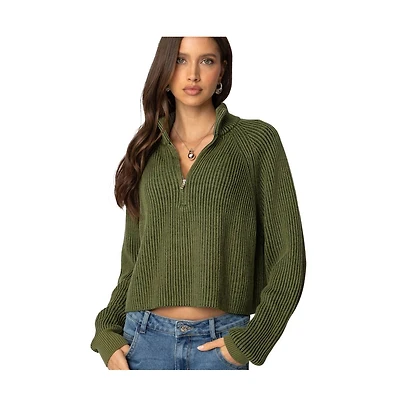Edikted Women's Cropped Rib Knit Half Zip Sweater
