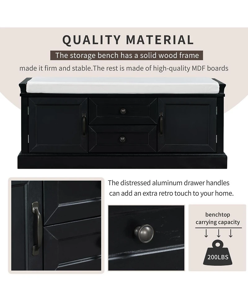 Slickblue Storage Bench with 2 Drawers and Cabinets Shoe Removable Cushion for Living Room Entryway