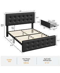 gaomon Queen Bed Frame with Headboard and 4 Storage Drawers, Platform Square Stitched Button Tufted