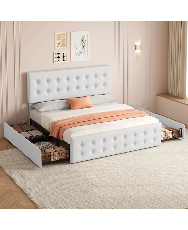 gaomon Bed Frame with Headboard and 4 Storage Drawers, Platform Bed Frame Square Stitched Button Tufted