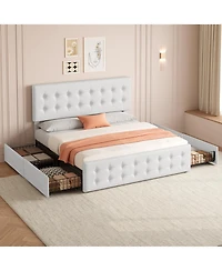 gaomon Bed Frame with Headboard and 4 Storage Drawers, Platform Bed Frame Square Stitched Button Tufted