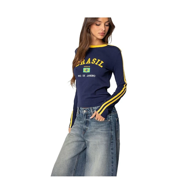 Edikted Womens Brasil Embroidered Long Sleeve T Shirt