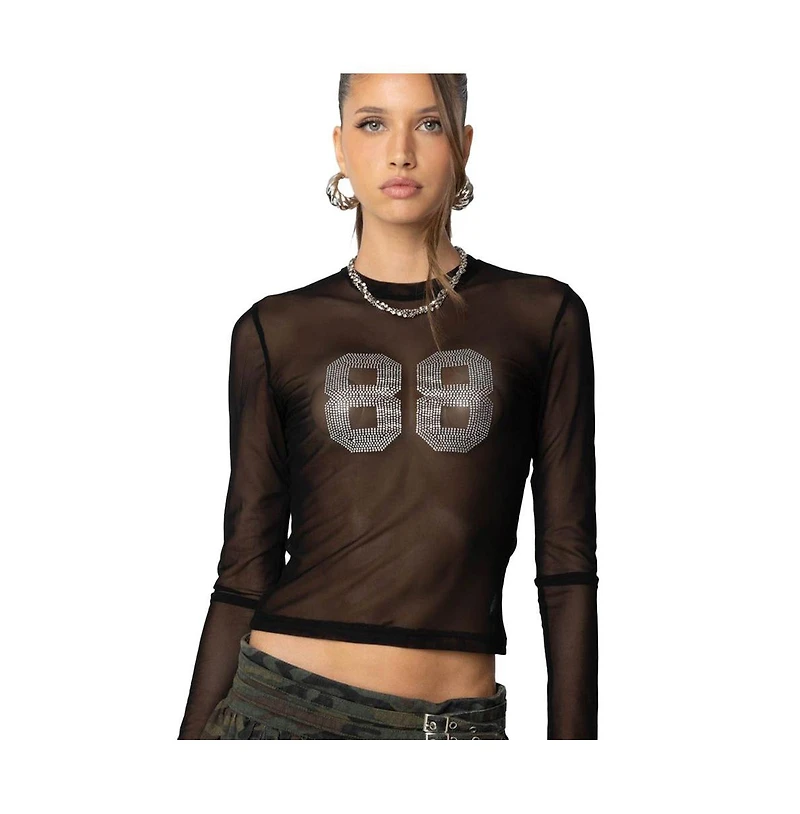 Edikted Womens Rhinestone Sheer Mesh Top