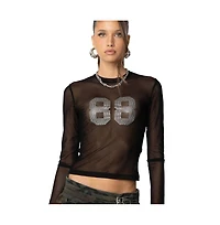 Edikted Womens Rhinestone Sheer Mesh Top