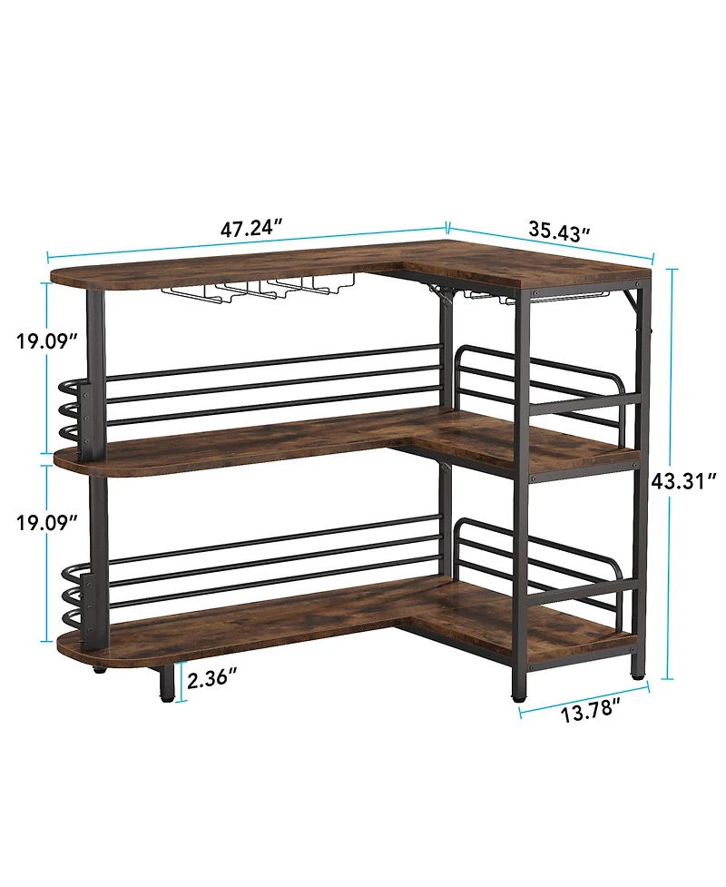 Tribesigns 3 Tier Liquor Bar Table with Storage Shelves and Wine Glasses Holder,L-Shaped Home Bar Unit