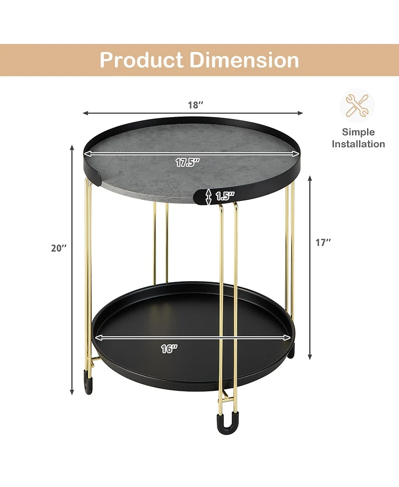 Gymax 2-Tier Side End Table Round Nightstand Gold Frame for Living Room Bedroom