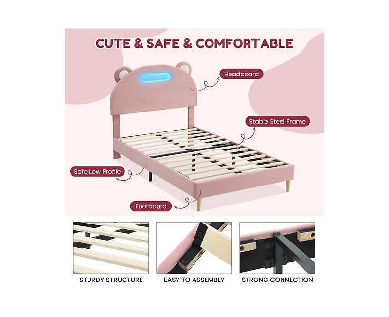 gaomon Led Twin Bed Frame with Upholstered Adjustable Headboard, Velvet Platform, Wooden Slat Support, Noise-Free, No Box Spring Needed, Easy Assembly