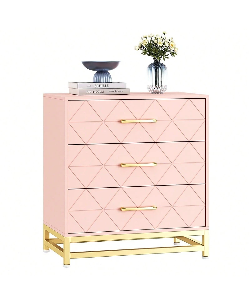gaomon 3 Drawer Dresser, Wood Chest Drawers With Storage For Closet, Bedroom, Drawers Dresser Modern Bedside Nightstand With Gold Handles