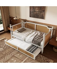 Streamdale Furniture Traditional Style Rattan Twin Size Daybed with Twin Size Trundle for Limited Space, Guest Room, No Box Spring Needed,Antique Whit