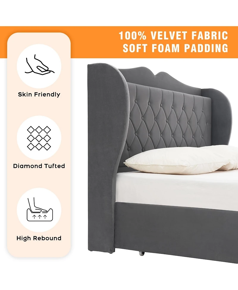 gaomon Full Size Grey Velvet Bed Frame with 4 Convenient Storage Drawers, Wingback Headboard with Charging Station