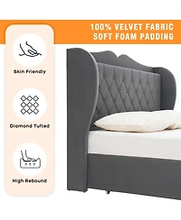 gaomon Full Size Grey Velvet Bed Frame with 4 Convenient Storage Drawers, Wingback Headboard with Charging Station