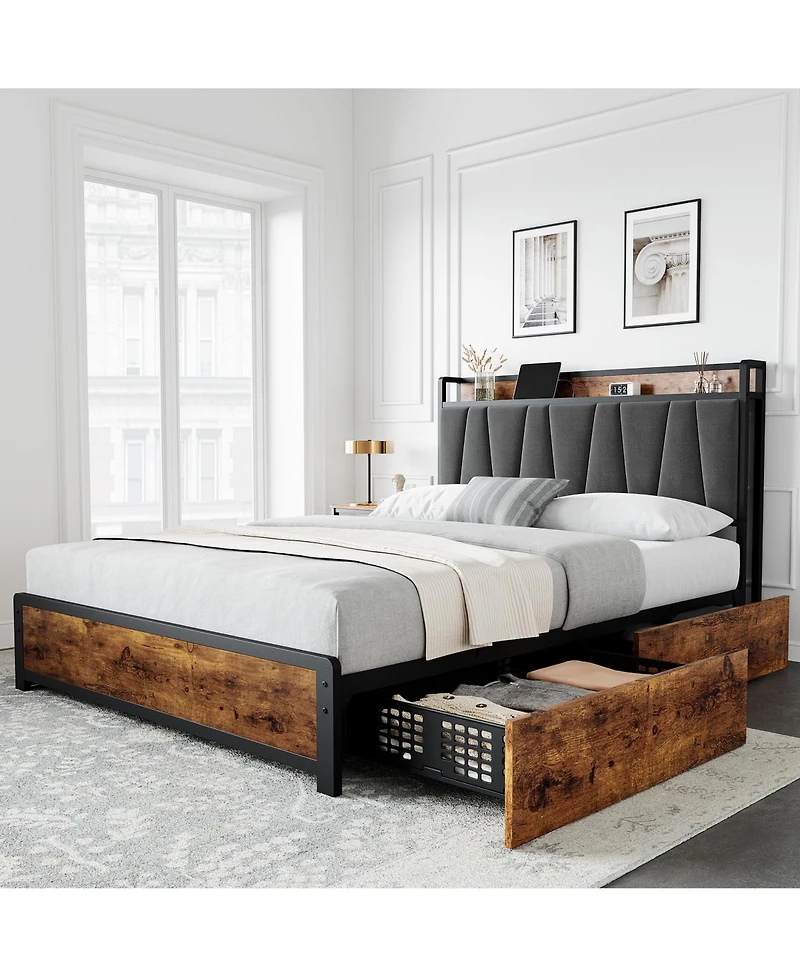 gaomon Full Size Bed Frame with Storage Linen Upholstered Headboard