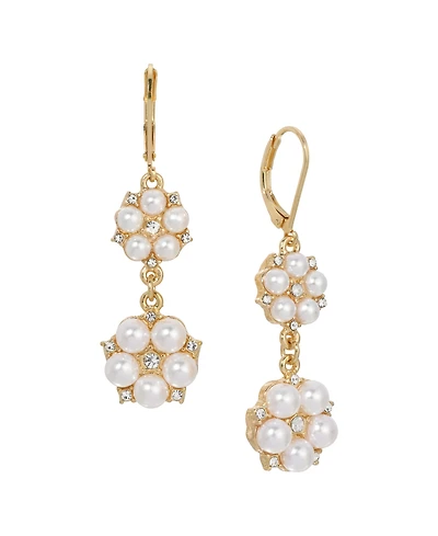 2028 Faux Cultivated Pearl Crystal Accent Double Flower Drop Earrings