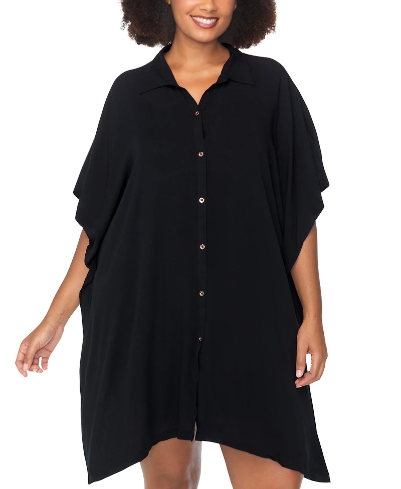 Raisins Curve Trendy Plus Vacay Button-Front Cover-Up Shirt