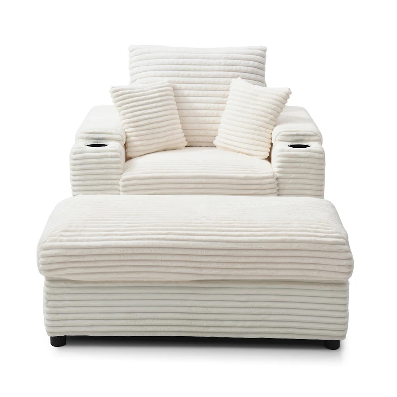 Streamdale Beige Accent Chair with Ottoman & Wide Armrests