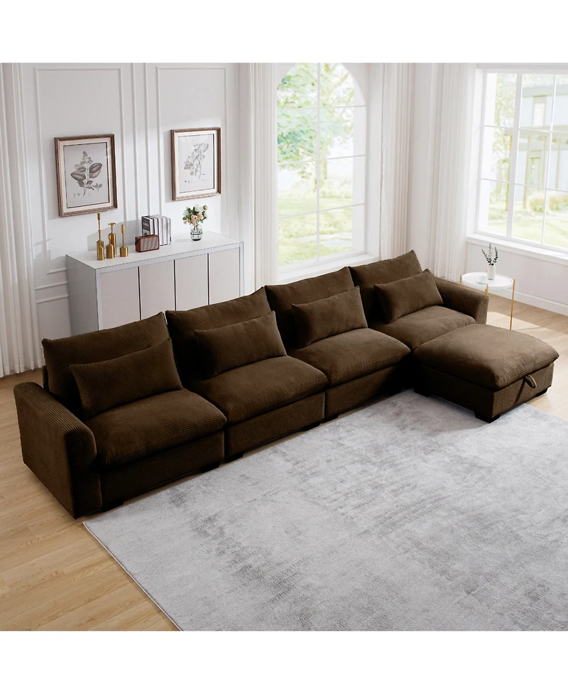 Streamdale Furniture Large L Shape Sectional Corduroy Sofa,Deep Seat Couch with Storage Footstool and 4 Waist Pillows