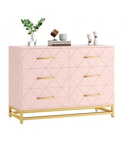 gaomon Dresser For Bedroom With 6 Drawer Double Dressers, Modern Wooden Chest, Beside Table Closet, Nursery, Living Room