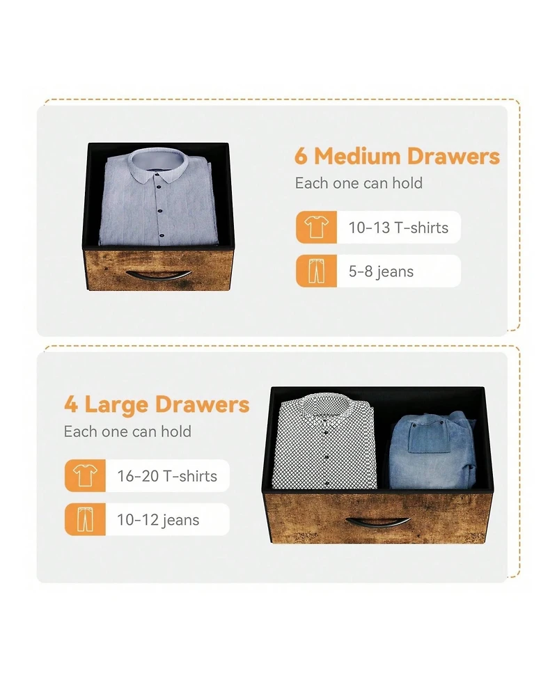 Dresser For Bedroom, 10 Drawers Fabric Storage Drawer, Dressers & Chest Of With Side Pockets, Hooks, Wood Tabletop Closet, Living Room, Ha