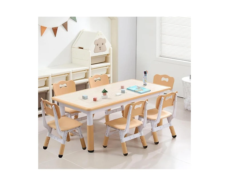 gaomon Modern Kids Table and 6 Chair Set, 47.20" Height Adjustable Toddler Table and 6 Chairs Set with Non-Slip Table Legs&Organizer Graffiti Desktop