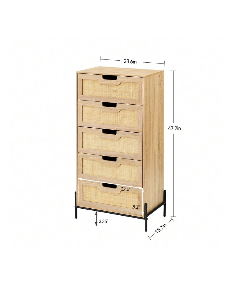 Modern Rattan 5 Drawers Dresser, Double Dresser For Bedroom