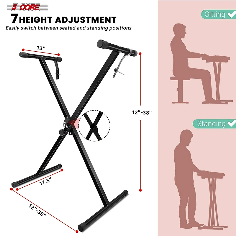 5 Core Keyboard Stand Single X Style Adjustable Piano Riser + Keyboard Piano Bench