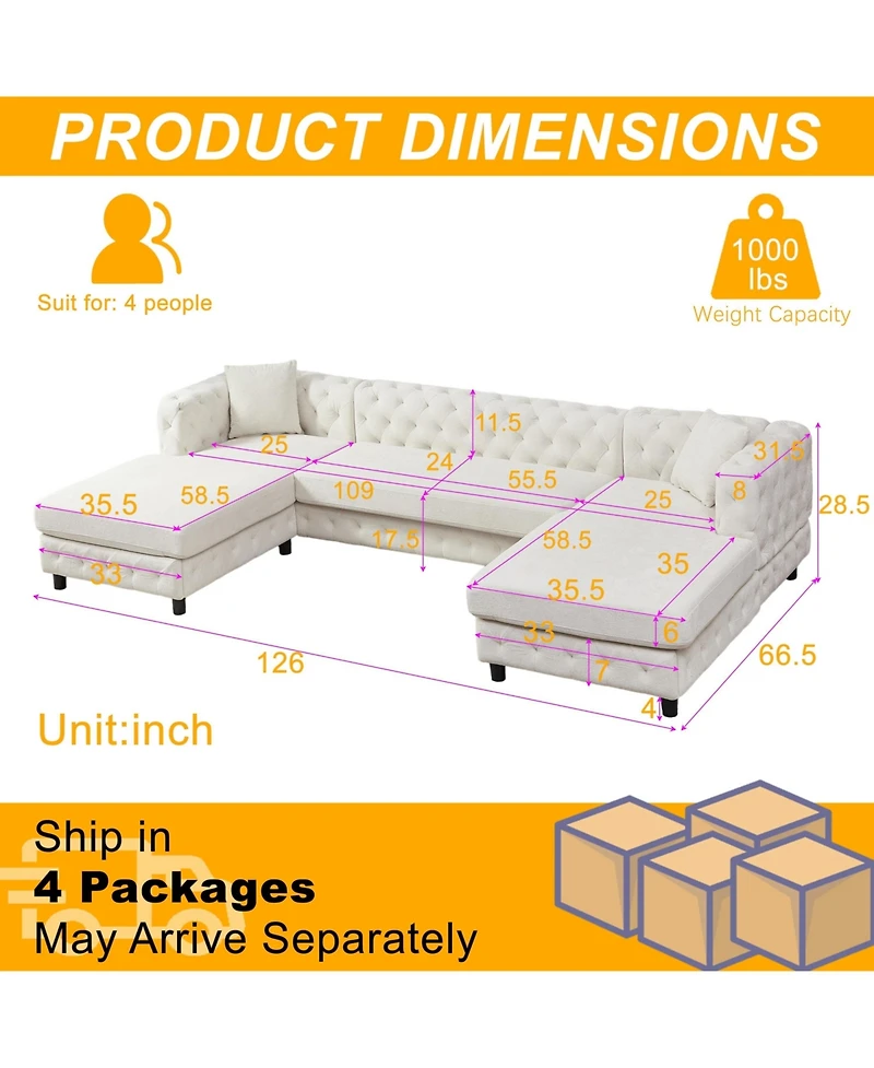 Streamdale 126-inch Modern Chenille U-Sofa with Lounge Seats
