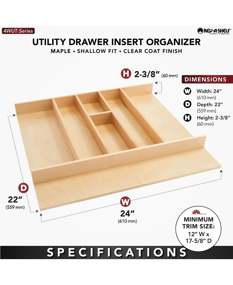 Rev-a-Shelf Trim-to-Fit Shallow Drawer Organizer, 23.98 x 21.97 In, 4WUT-3SH