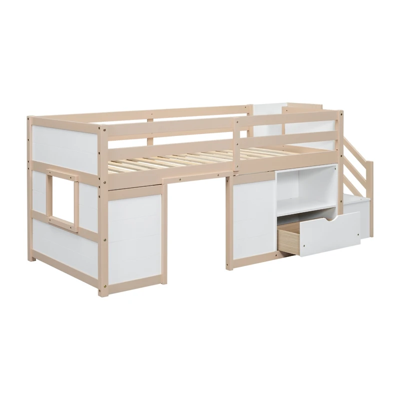 Streamdale Twin Low Loft Bed with Stair, Drawer, Shelf - Cream