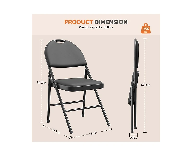 gaomon Folding Chairs 4 Pack, Portable Metal with Cushions and Non-Slip Feet Pads for Home Office, Indoor Outdoor Events
