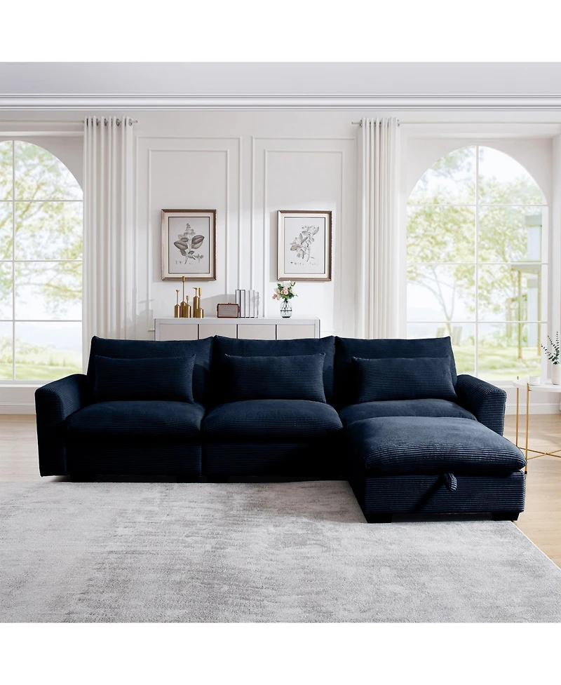 Streamdale Furniture Corduroy Sectional Sofa, L Shaped Couch with Storage Footstool and 3 Pillow, Sectional Couch for Living Room Apartment