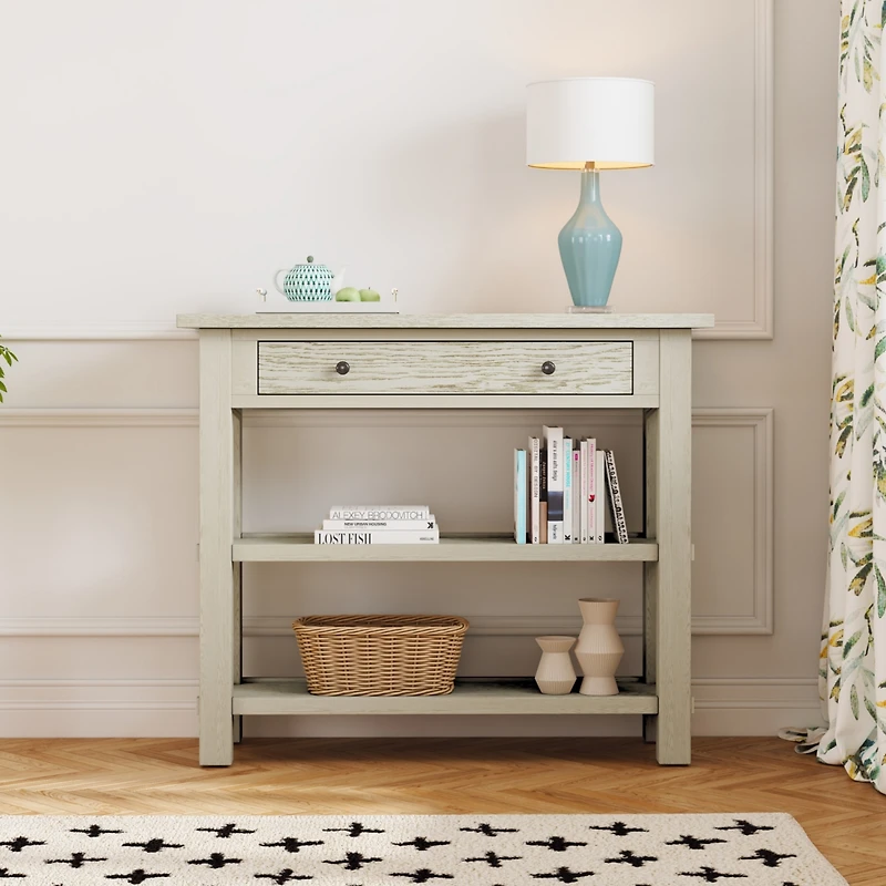 Retro Console Table with Drawer and Two Sturdy Shelves for Entryway, Living Room (Black)