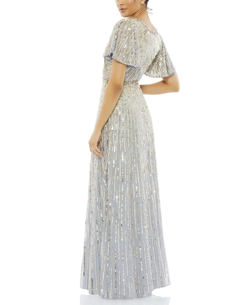 Women's Embellished V Neck Butterfly Sleeve Column Gown