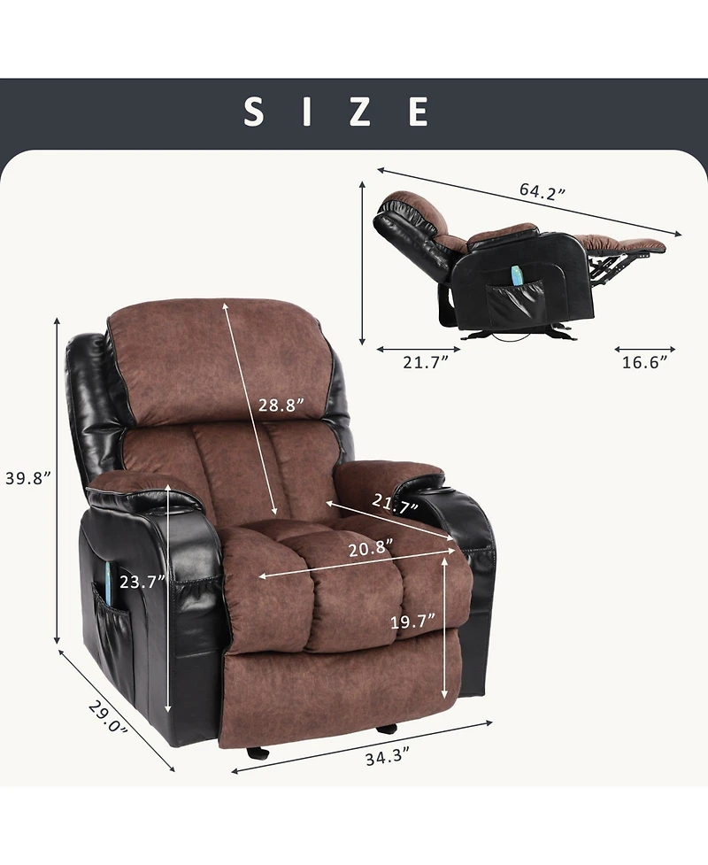 Recliner Chair for Living Room Sofa in Black Brown with Rocking Function and Side Pocket