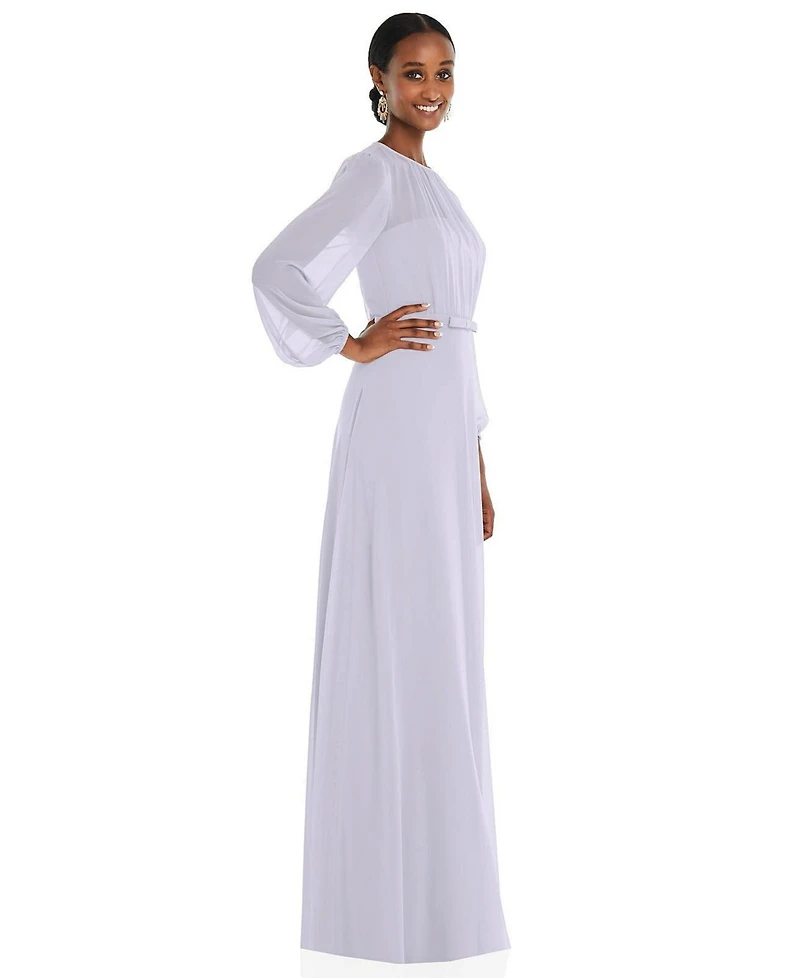 Dessy Collection Women's Strapless Chiffon Maxi Dress with Puff Sleeve Blouson Overlay