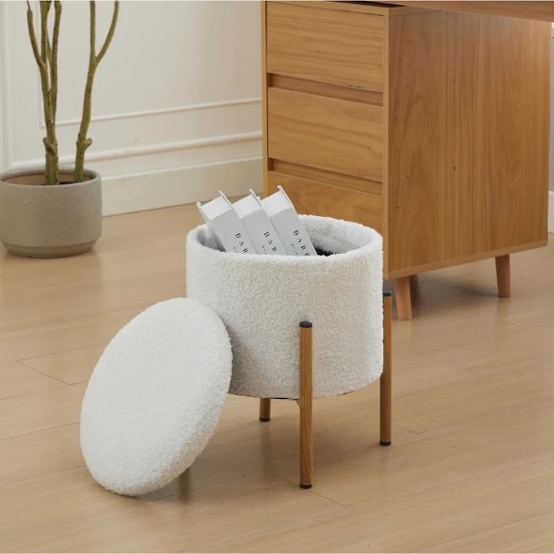 Streamdale Round Storage Ottoman with Removable Lid, White