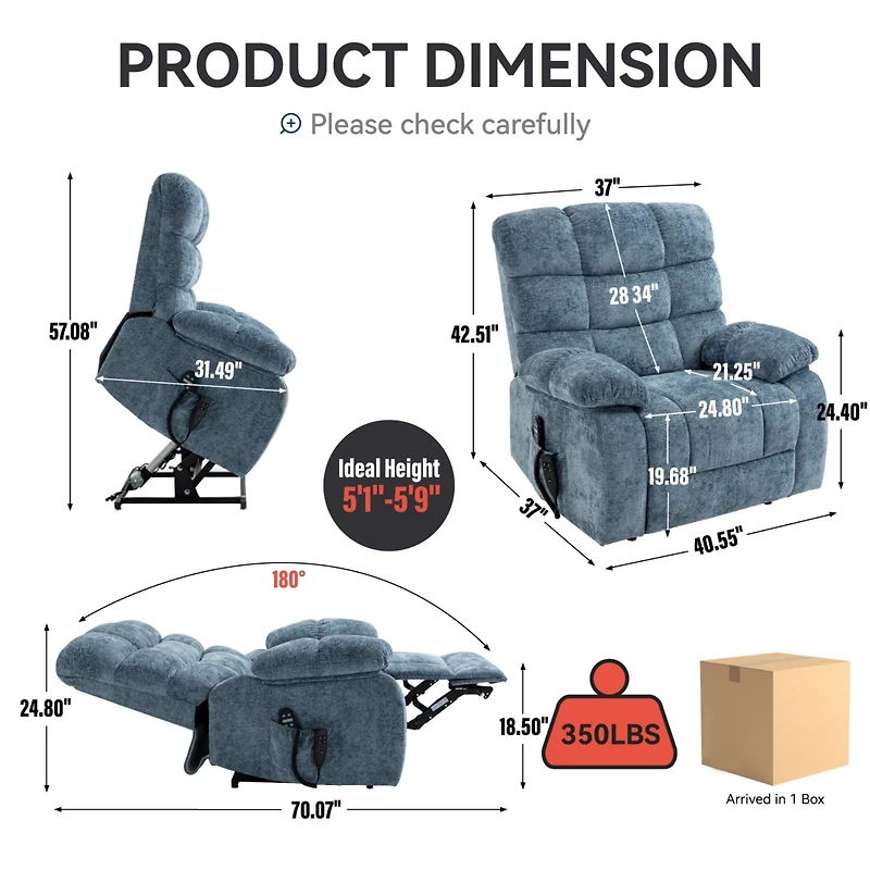 Lift Recliner Chair Heat Massage Dual Motor Infinite Position Up to 350 Lbs Large Electric Power Recliners with Power-Remote